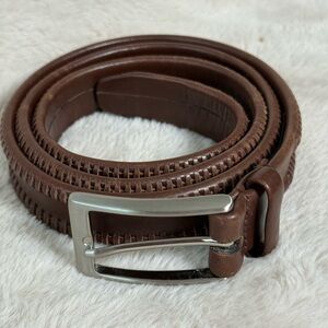 Bragano Chocolate Brown Leather Belt Woven Edge 48" Overall Length 1.25 Wide